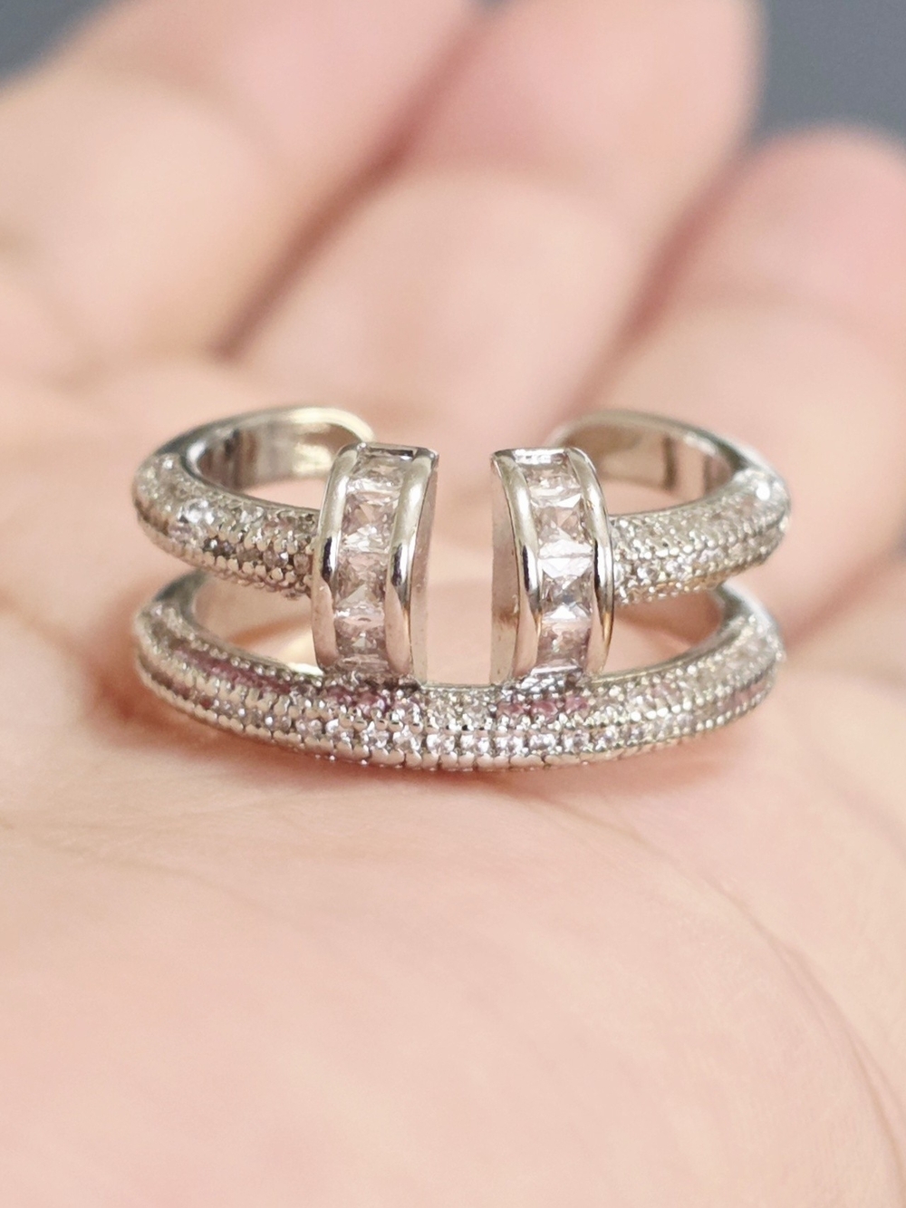 White Gold Plated Open Double Band Ring with Sparkling CZ - Silver